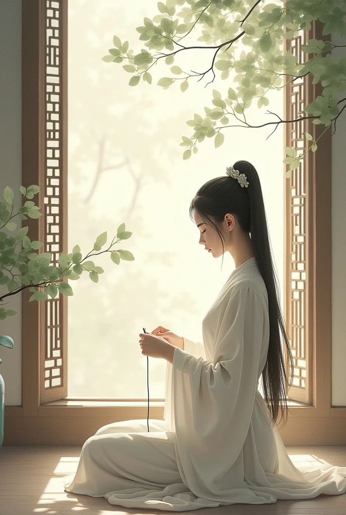 In a simple and elegant traditional chinese room, a graceful figure sat facing the half-open window. The needle and thread in her hand did not stop at all.She was dressed in plain clothes, and her long hair was casually tied up with a jade hairpin.While at the same position her maid entered and talk to her of bad news taking her needle away