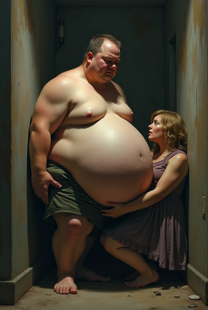 A young man with an enormous big belly is pressed into a very small room. His belly is so big that he nearly fills out the entire room. A women is besides the young man. The women is pressed directly to his enormous belly. They both look sad.
