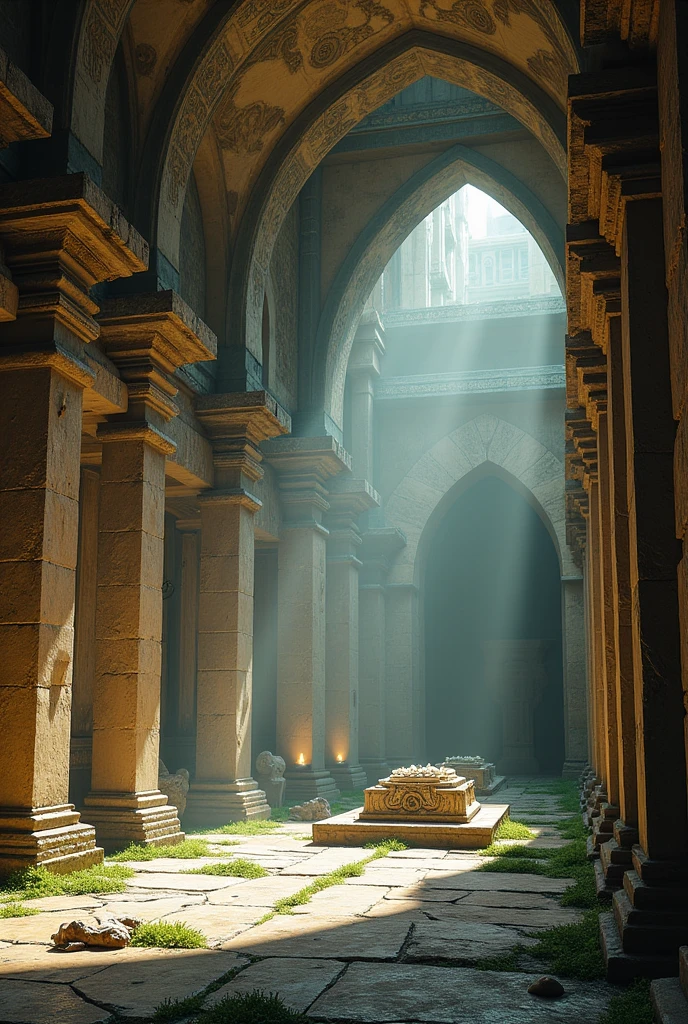 
"Inside a vast, ancient temple hall, soaring to impressive heights with a towering, vaulted ceiling. The hall’s walls are composed of **weathered stone** covered in **intricate, faded carvings** depicting ancient deities and celestial symbols. The ceiling, arched and supported by **ornate columns**, is adorned with **crumbling frescoes** and **delicate stucco work**.

The floor is uneven, featuring **cracked and weathered tiles** interspersed with patches of **lush green moss** and **fallen debris**. At the center of the hall, an imposing **stone altar** stands, covered in a thick layer of **dust** and surrounded by **scattered remnants** of offerings—**wilted flowers**, **rusted artifacts**, and **ancient coins**. The altar is intricately carved with **mystical symbols** and **faded inscriptions**.

The hall is illuminated by a soft, **ethereal glow** from **bioluminescent fungi** growing in crevices and **torch sconces** on the walls, casting long, dramatic shadows that enhance the hall’s grandeur. **Narrow, shadowy passageways** lead to other sections of the temple, with **weathered statues** lining the walls, their expressions solemn and watchful. 

The overall atmosphere is one of awe and ancient mystery, with the grand scale of the hall accentuating the **dramatic interplay of light and shadow**."

**Keywords for Photorealism:**

- **Vast Temple Hall**
- **Towering Vaulted Ceiling**
- **Weathered Stone Walls**
- **Intricate Faded Carvings**
- **Ornate Columns**
- **Crumbling Frescoes**
- **Delicate Stucco Work**
- **Uneven Floor**
- **Cracked Weathered Tiles**
- **Lush Green Moss**
- **Fallen Debris**
- **Stone Altar**
- **Thick Dust**
- **Remnants of Offerings**
- **Wilted Flowers**
- **Rusty Artifacts**
- **Ancient Coins**
- **Mystical Symbols**
- **Faded Inscriptions**
- **Ethereal Glow**
- **Bioluminescent Fungi**
- **Torch Sconces**
- **Dramatic Shadows**
- **Narrow Passageways**
- **Weathered Statues**
- **Awe and Ancient Mystery**
