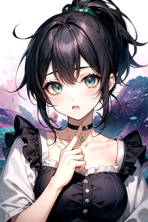 (Highest quality)、(Highest quality)、cute、(choker).eyes are emerald、(ponytail)、(Black Hair)、