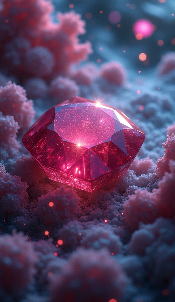 realistic, multicolor ruby in the space, rhytm, chaos, view, around, clear, ocean, butterflies, effects, amazing, so pure