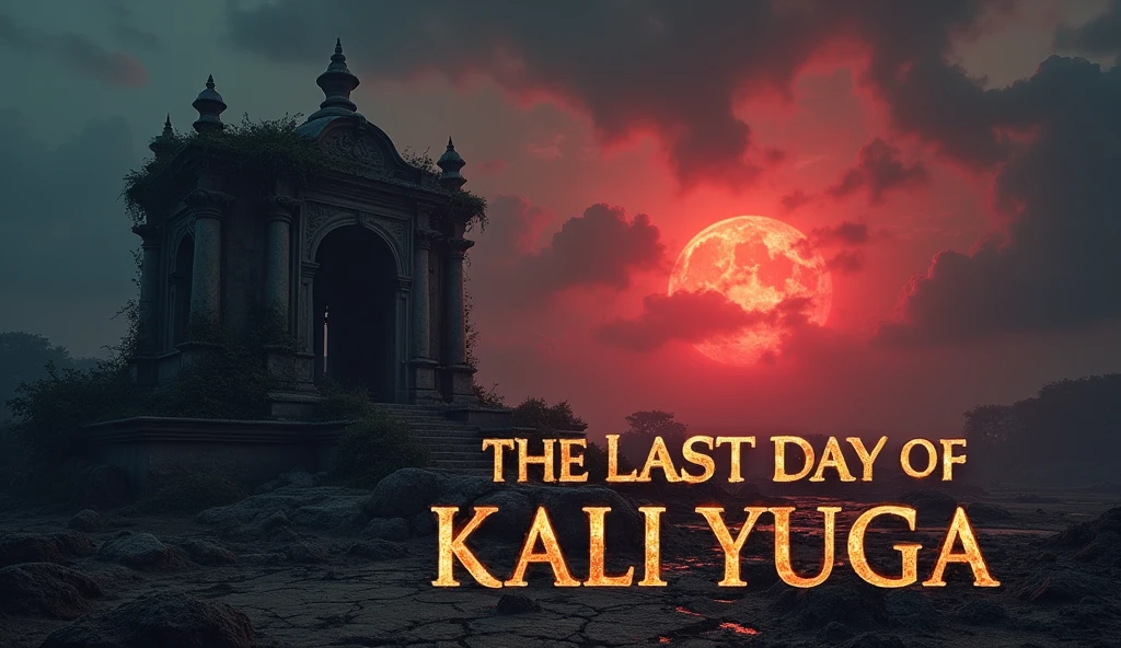 "A striking, realistic-style thumbnail image depicting the end of the Kali Yuga. The scene shows a dark, ominous sky with thunderous clouds and a setting blood-red sun on the horizon, symbolizing the last day of Kali Yuga. In the foreground, a ruined temple, partially covered with overgrown vines, represents the decay of spirituality. The barren landscape features cracked earth and dry rivers, signifying the destruction of natural resources.The text 'The Last Day of Kali Yuga' is prominently displayed in bold, ancient script, slightly weathered, and glowing faintly, adding a mystical and foreboding touch to the image."
