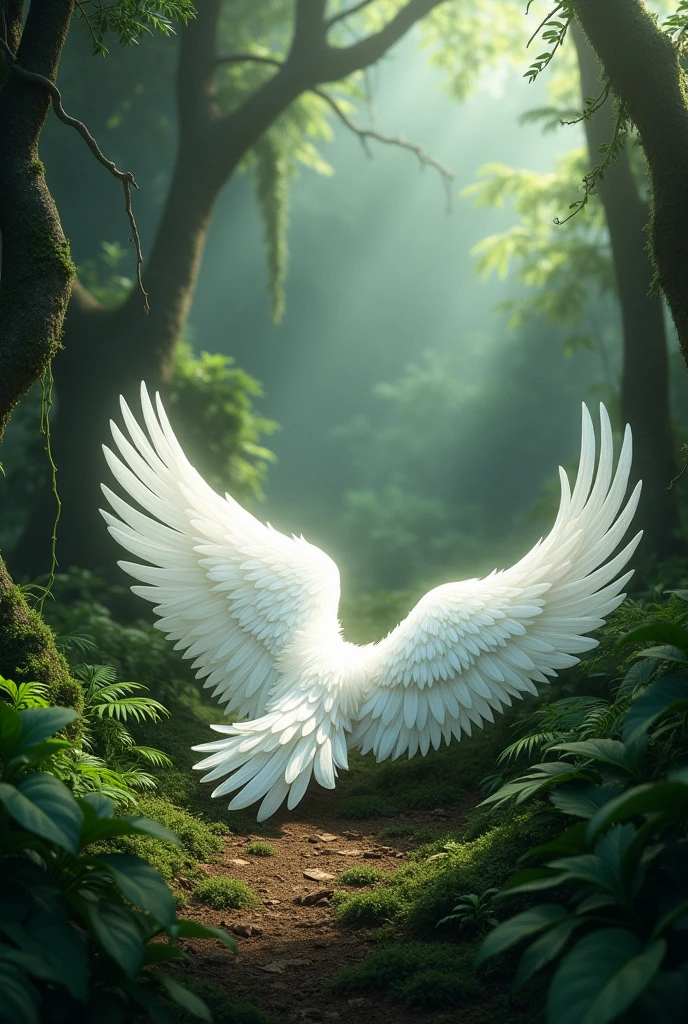 draw white wings fallen on the ground in the jungle.there should only wings not any bird