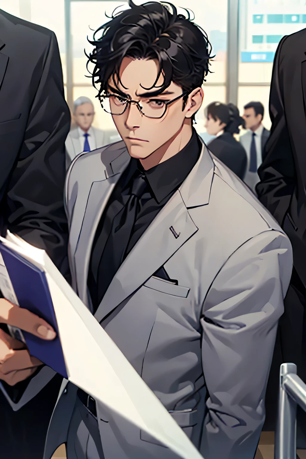 50-year-old male,all back,Black Hair,lawyer,Muscular,Under-rim glasses,Stern face,business suit,Slanted Eyes,