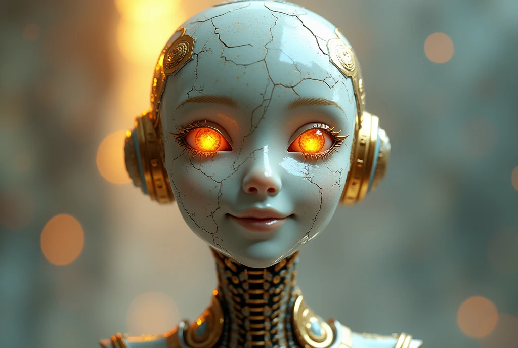 Automata, The face is made of ceramic, crack was jointed with gold, mysterious smile, abstract light background,