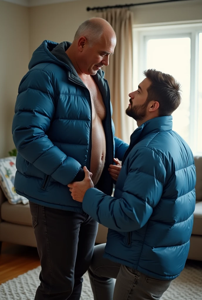 Create a hyper-realistic, high-resolution image showing two extremely handsome brightly lit living room. The wonderful and seductive uncle, 2, with short hair beginning to show signs of balding, is wearing dark pants and an open, extremely shiny blue nylon puffer et that exposes his slightly hairy chest and slightly prominent belly. He is kneeling on the floor, wearing a collar around his neck, being pulled by his gorgeous dominnering nephew, a 26 yo man with a naturally attractive physique, dressed in a fitted shirt and casual pants, stands next to his wonderful submissive uncle. (((The nephew pulls the collar with a confident and authoritative expression, while the uncle, kneeling, looks up with a submissive expression))). The living room is natural high iluminate, with normal, comfortable decor that enhances the realism of the scene. The image should capture every detail with precision, emphasizing the interaction and cooles between the two men with natural high ilumination highliging the realistic males man. High resolution, Super detail, Best quality, Anatomically correct, Accurate.