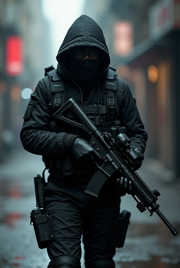 black tactical photographer wearing cap and mask. holding camera to take photos