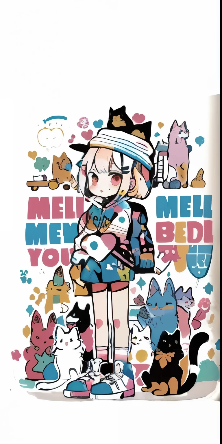 A close-up of a cartoon character,There are cats and dogs next to it, melty, mellow, beast, , rich and colorfull illustration, , rich and colorful! role conception, confusion, Meow, ❤🔥🍄🌪, melted, decora inspired illustration, Inspired by Hikari Shimoda, Anime cute art style
