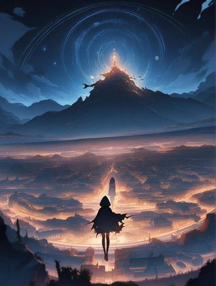score_9, score_8_superior, score_7_superior, score_anime, masterpiece, Highest quality, Delicate illustrations, Sharp lines, Sharp focus, break, a traveling girl wandering in the endless night world, The girl is wearing a hood、I have a lot of stuff in my backpack, night , Wonderful landscape, Beautiful views, Harmony with Nature, Nice views, Space City, (((Torn clothes))), (((Torn hood)))