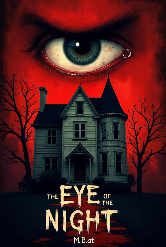 Couverture d'un livre inspiré des films : Nightmare on Elm Street. Le fond de la couverture est rouge. En bas de la couverture il y a une maison francaise. Above the house there is an angry eye. The title of the book is : The eye of the night. Le nom de l'auteur est en bas de la couverture : M. B. At