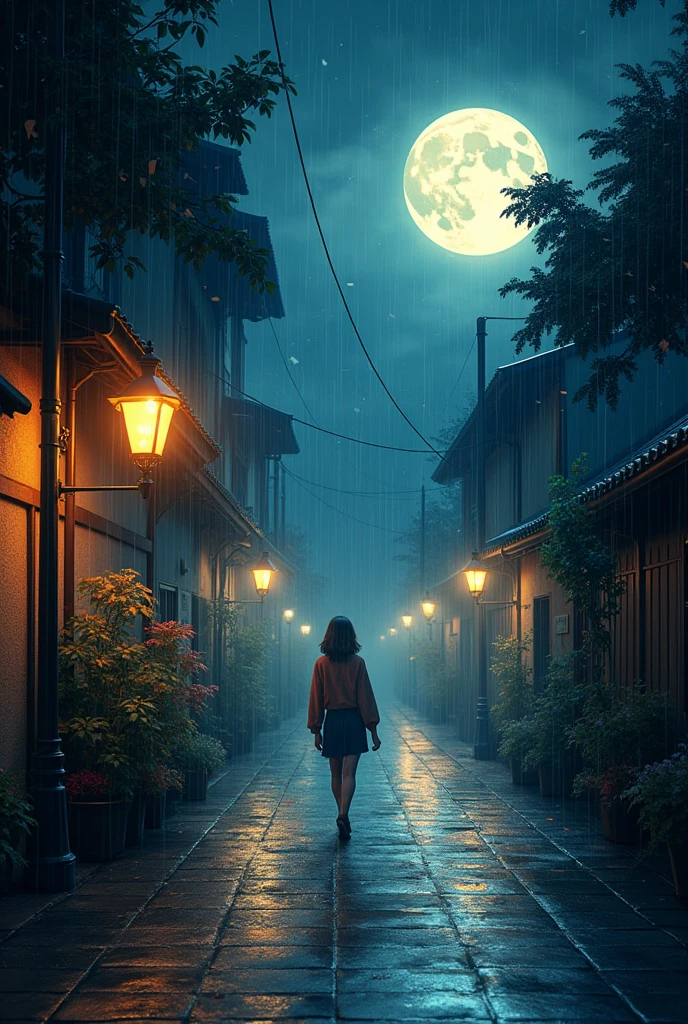 visual image or photograph,long shot photo,moonlit night ,walking in the rain.highlight the depth of field and quality, conveying a sense of happiness and a good life despite the rainy weather,walking street, lantern street light, bathing in rain,tree flower in street line.