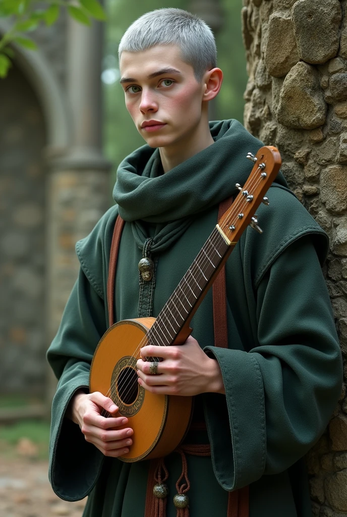 Human,green eyes,gray hair,white skin,monk,wear tonic,short hair,holding lute,27 years,medieval