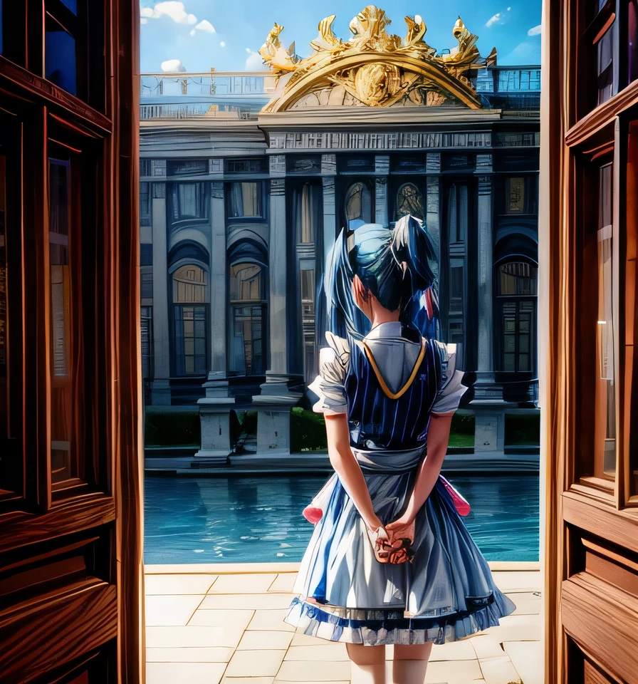 nikke Prepati Blue hair long twin tails Maid clothes Palace of Versailles tea time
