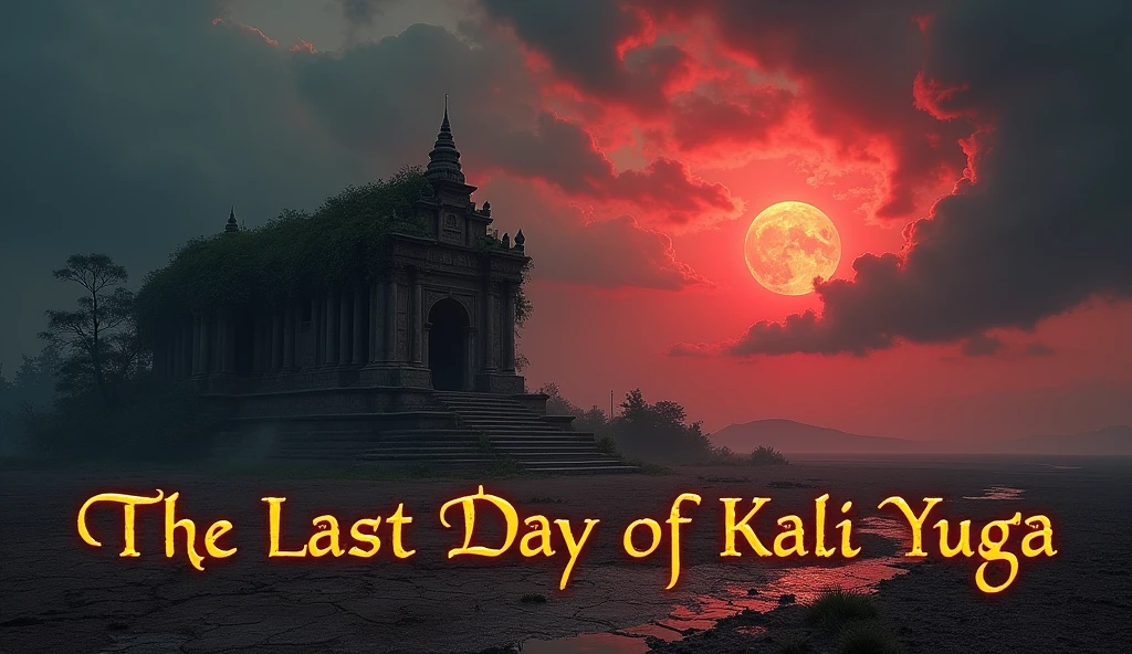 "A striking, realistic-style thumbnail image depicting the end of the Kali Yuga. The scene shows a dark, ominous sky with thunderous clouds and a setting blood-red sun on the horizon, symbolizing the last day of Kali Yuga. In the foreground, a ruined temple, partially covered with overgrown vines, represents the decay of spirituality. The barren landscape features cracked earth and dry rivers, signifying the destruction of natural resources.The text 'The Last Day of Kali Yuga' is prominently displayed in bold, ancient script, slightly weathered, and glowing faintly, adding a mystical and foreboding touch to the image."