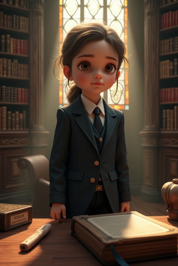 A scene of an orphaned girl, who is 2 and a lawyer at the same time, in an interesting and old location.