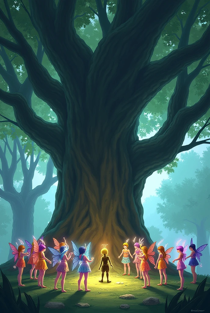 Bituina was standing under a big tree, fairies can be seen around him. Fairies may have colorful clothes and light surrounding them. Bituina seems to be pleading as the fairies listen to her.