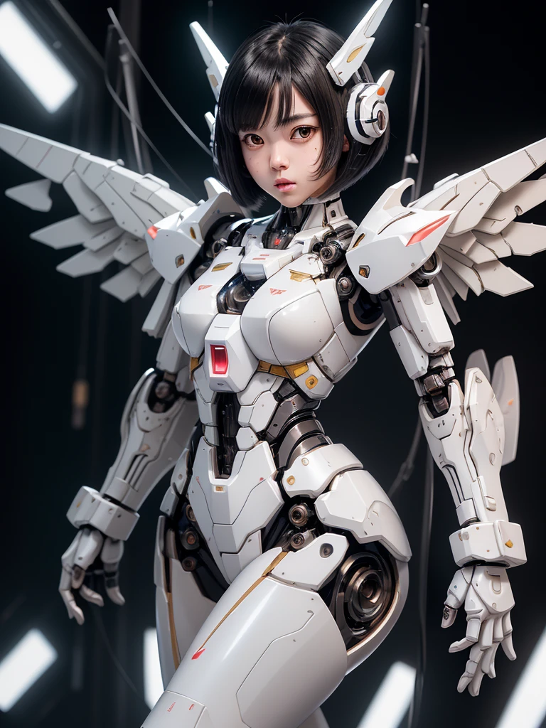 ((masterpiece, hyper quality, highly detailed)), photo realistic, realistic, (ultra high definition: 1.2), High resolution 16k, (Skin texture must be natural:1.5), (Light skin: 1.3), white skin:1.4, (Perfect Anatomy),,japanese high school girl wears only a futuristic Gundam Mecha,(Gundam Mecha), gundam style,with headgear,with gundam style v-fin on the forehead, (mechanical wings),, biomechanics , biomechanics thighs,mechanical shins and feet,visible cleavage,visible groin, android heroine, fully robotized!! girl, perfect android girl, small details. , (cute:1.2), (bob cut:1.3), Black Hair, Thick eyebrows, Light brown iris, Big, bright black eyes, Long eyelashes, Small, light-colored, natural lips, ((Average face of Japanese idols)), (The uniquely Japanese childlike face:1.3), (baby face:1.1), Wide forehead:1.2, Plump Cheeks, Small jaw, Detailed thighs,Slim body, in the hangar,looking at viewer,Focus on the eyes