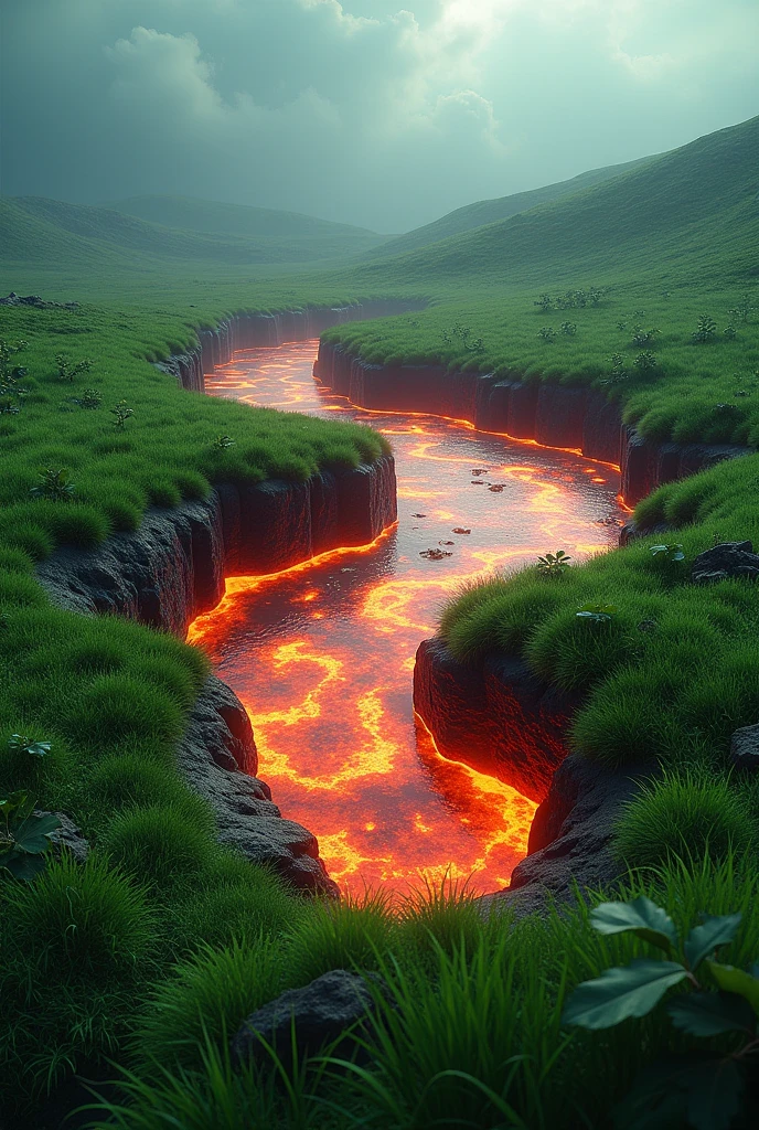 Lava pool surrounding green grass