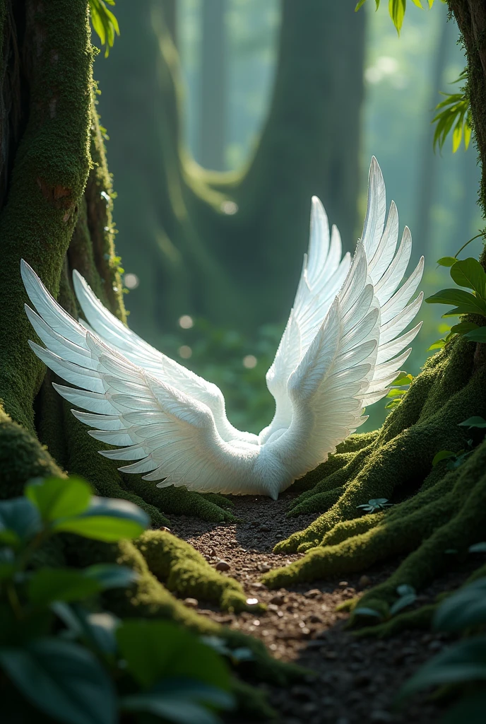 draw wings fallen on the ground in the jungle.there should only wings not any bird