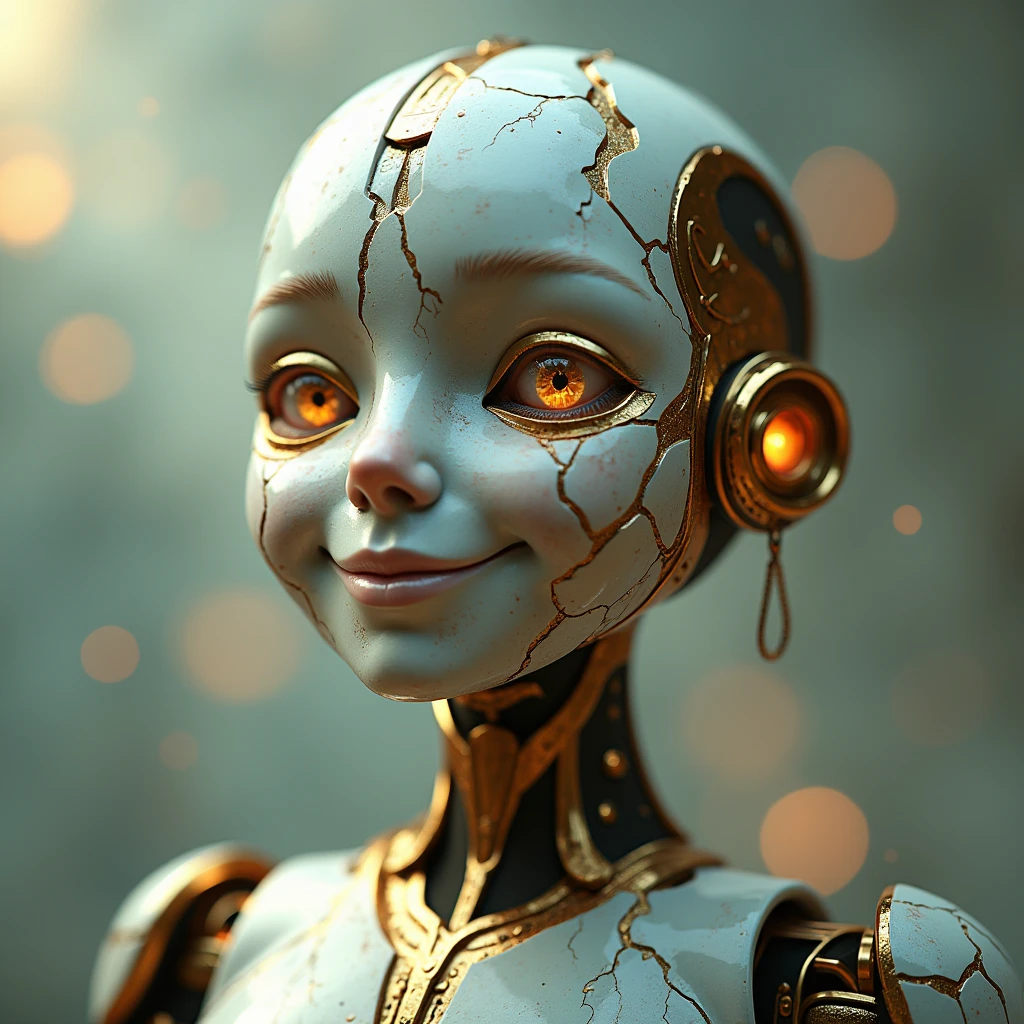 Automata, The face is made of ceramic, crack was jointed with gold, mysterious smile, abstract light background,