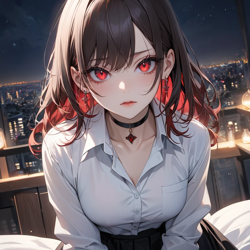 Highest quality, wonderful_delicate, wonderful delicate eyes, Super detailed, beautiful, 8k , One girl, Red eyes, evil, Facial Contour, Business shirts, skirt, Earrings, choker, black tights, Nod, night