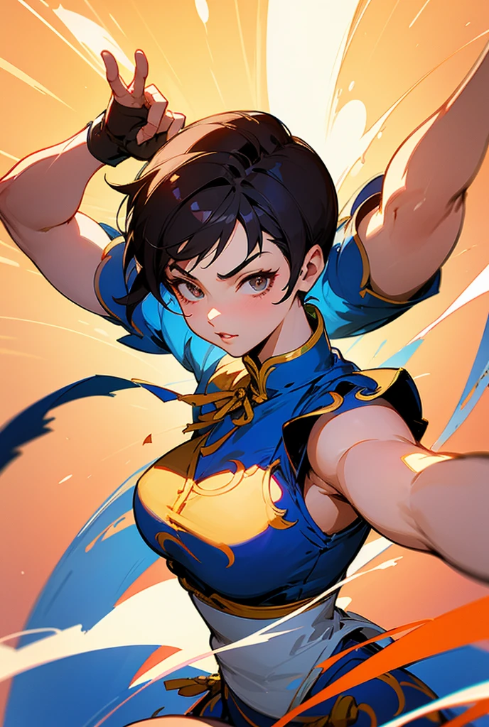 chun li from street fighter, joyful selfie, artstation, character design, chaotic journey