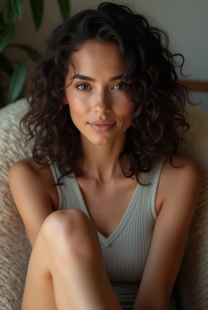 A brunette woman with curly hair sits with her legs stretched out, taking a realistic photo