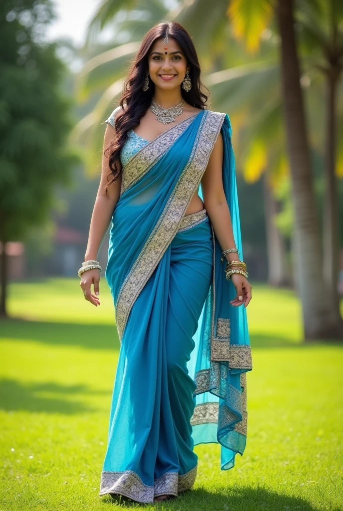 Perfect Indian sexy fittest wife with embroidered soft net blue saree, white Victoria's bra , HDR, 8k, hyper detailed, best quality, ultra-high resolution, HDR, 8k, walking on the lawn , look at viewer, waist level view, bright smile, wearing platinum ornaments, casual pose , average body with 36 D size breasts,26 hip size and 36 waist size, waist level view, show background