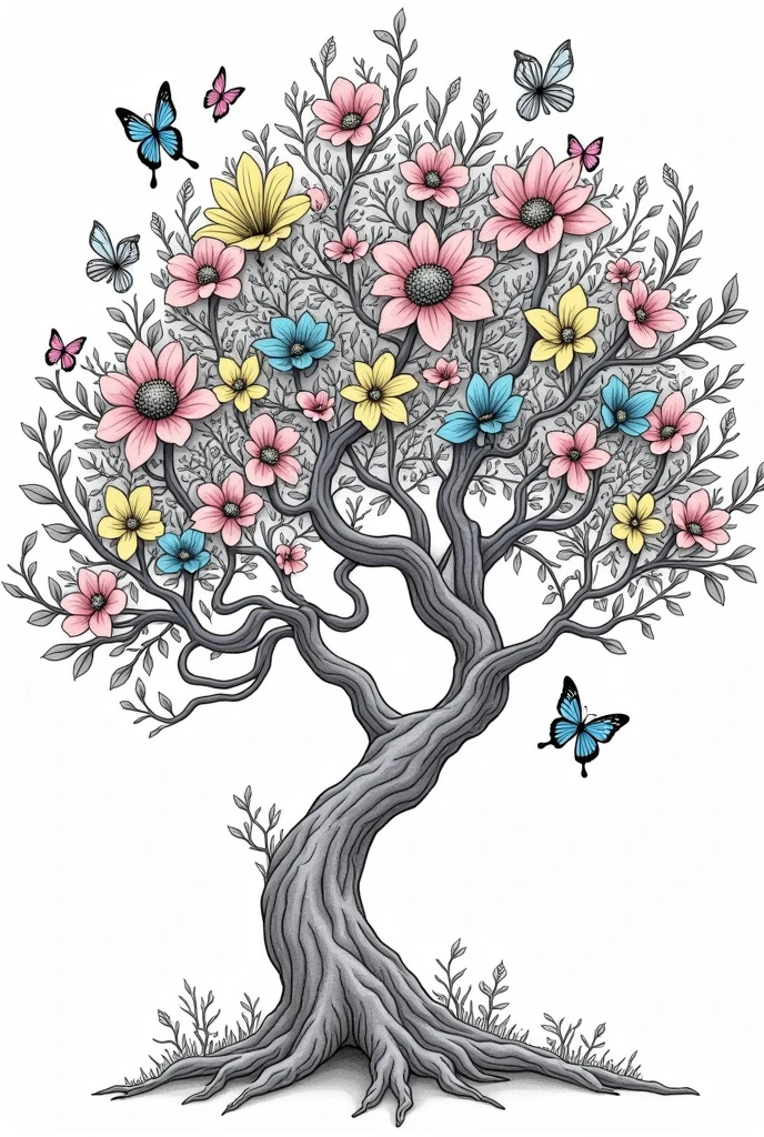 Create me a coloring picture of a magical tree with flowers and butterflies, for coloring with large white areas and strong black lines