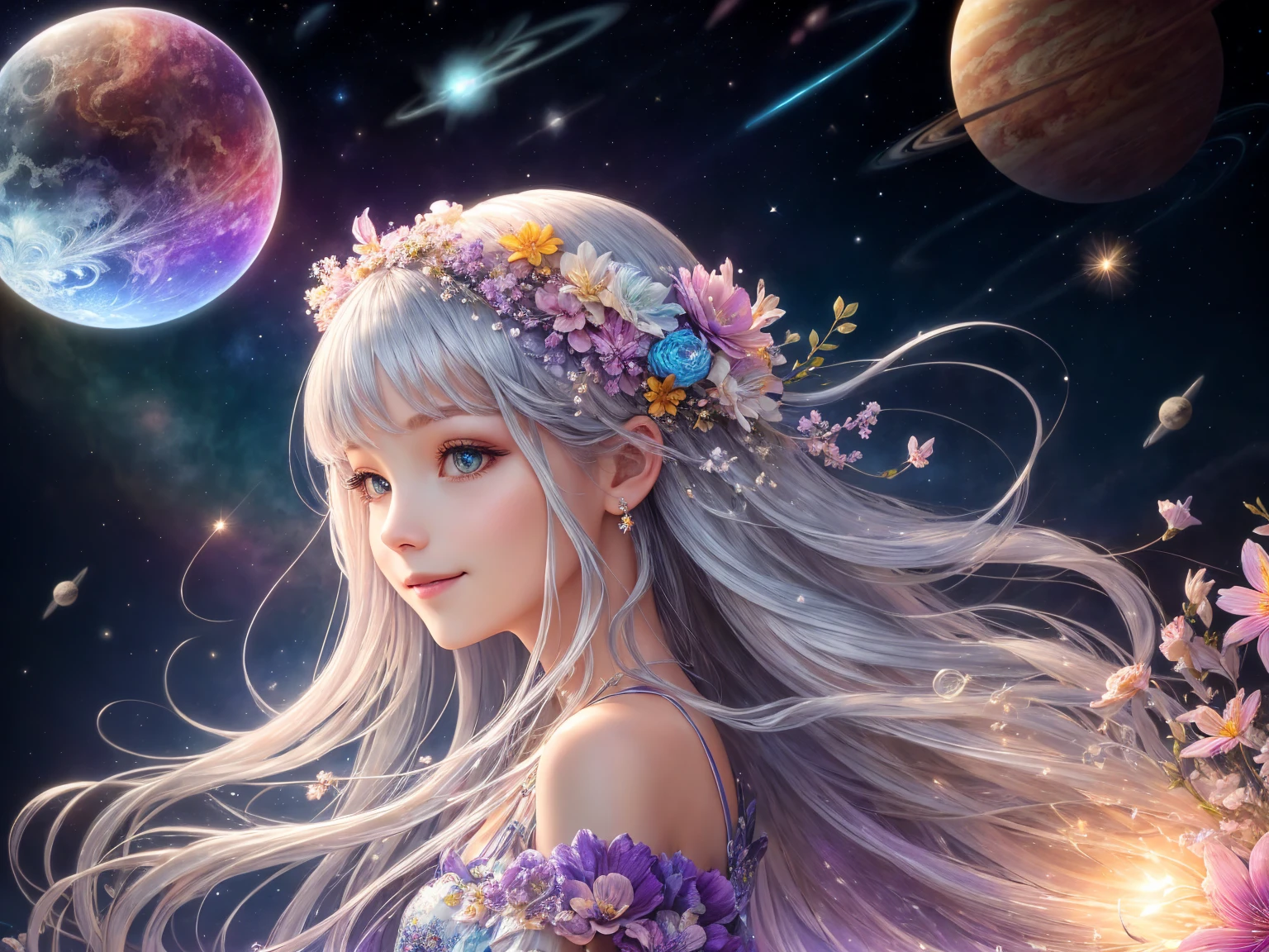 ((Silver colored hair、long hair)) ,((Wear a colorful floral satin dress)),Branch of delicate lilac flowers, Ultra-transparent, holy Light, beautiful spectral Light, Petals Shine, Blink,drops of transparent Light, reflective Light, bright, Light streaming in, Optics, Portrait Profile, Sharp focus, magic,Surreal, Fantasy, composition, Light, Art Station Trends, Pearl, Silvery steam guardian cloud, Corrosive Envelope Play Family, 8k, ((Cute smiling girl))、((background Shooting stars, planets and colorful flowers))、