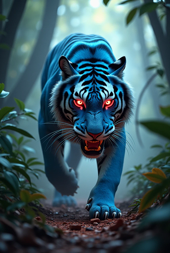 tiger blue in jungle with red blood and red bloody eyes in delhi and it eat a dear