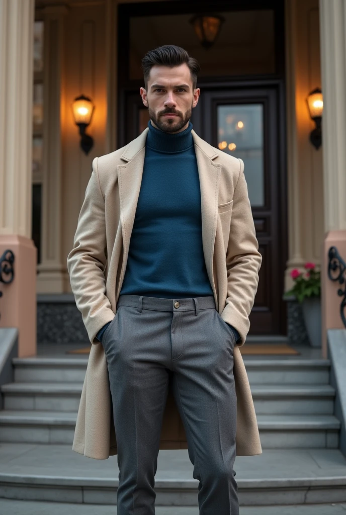 (Masterpiece 1:2), (Best quality 1:2), фото full length стоящего на лестнице русского мужчины, Medium height, 35 years, stands on the stairs in front of the hotel door, black hair, Sports figure, broad shoulders, short hair, a neat stylish hairstyle, wide cheekbones, smart casual look, blue wool turtleneck, Slim turtleneck, body-hugging turtleneck, светло-серые classic trousers, classic trousers, Dress pants, стильные Dress pants, thin short wool coat of gray-blue color, thin light stylish coat, short coat, black classic leather shoes, black leather bag in hands, warm autumn, Early autumn, Sunny weather, looks ahead, Stylish look, Men's fashion, Men's style, thoughtful look, full length, free pose, dynamic pose, solar lighting, against the backdrop of ancient Moscow buildings, daylight, black hair, blunt bangs, Serious, expressionless, atmospheric perspective, bokeh, f/1.8, 85mm, Nikon, depth of field, uhd, masterpiece, accurate, anatomically correct, textured skin, super detail, high details, high quality, highres, 4K