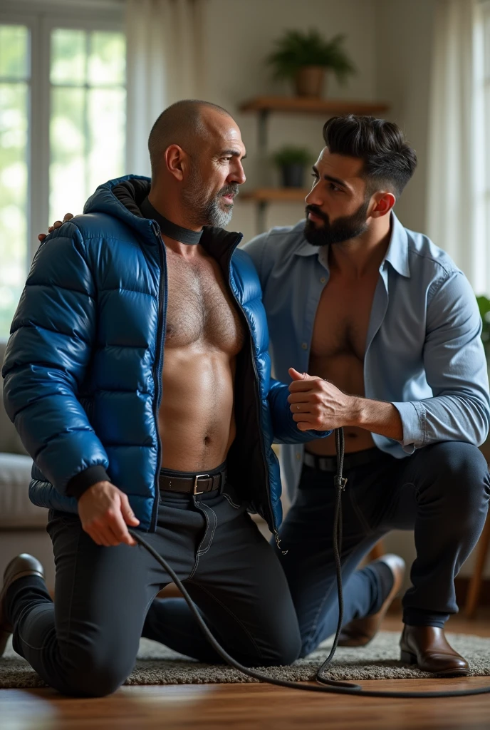 Create a hyper-realistic, RAW, 8K, HDR, high-resolution image showing two extremely handsome masculine  simple, brightly lit living room. The wonderful and seductive uncle, 4, with short hair and signs of baldness, wears dark pants and an *extremely shiny blue nylon puffer jacket* open that exposes his hairy chest and slightly prominent belly. He is kneeling on the ground, *wearing a collar around his neck*, being pulled by his handsome and domineering nephew, a handsome 2 man with a naturally attractive physique, *dressed in a dress shirt and dress pants*, with a visible posture of dominant next to his wonderful, sensual and submissive uncle. (((The *nephew pulls his uncle's leash with a confident and authoritative expression*, while his uncle, *kneeling*, looks up with a submissive expression))). The room has high natural lighting, with natural and comfortable decoration that enhances the realism of the scene. The image must capture every detail accurately, highlighting the interaction and role contrast between the two men. High resolution, Super detail, Best quality, Anatomically correct, Accurate.