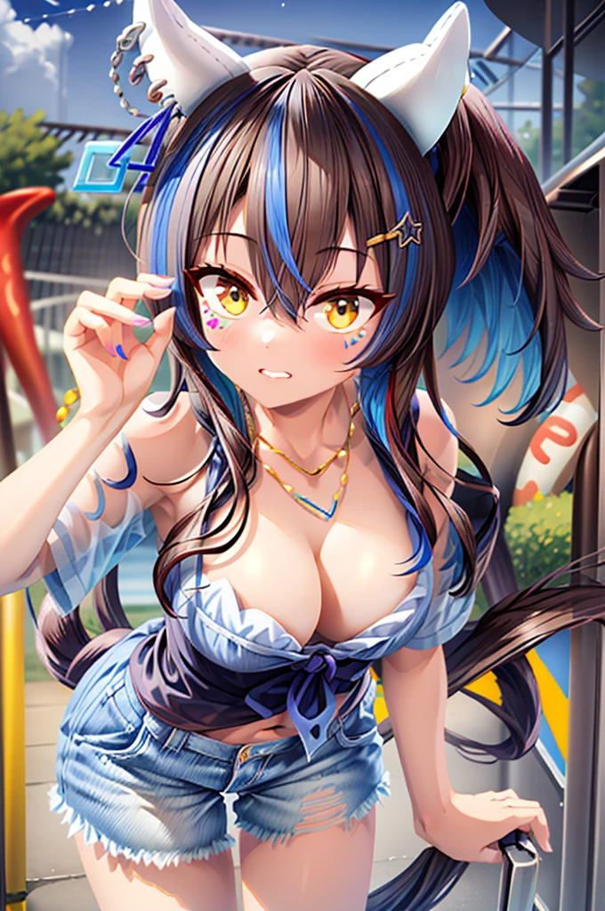 1girl, daitaku helios \(umamusume\), (Expressive eyes), (Perfect Face), (cute), ((Baby Face)), (faint lips), earring, necklace, Leaning forward, ピースをする, ((shy)), amusement park, night, detail perfect piece, ultra detailed, cowboy shot, 16k, anatomically correct, ((Best quality))