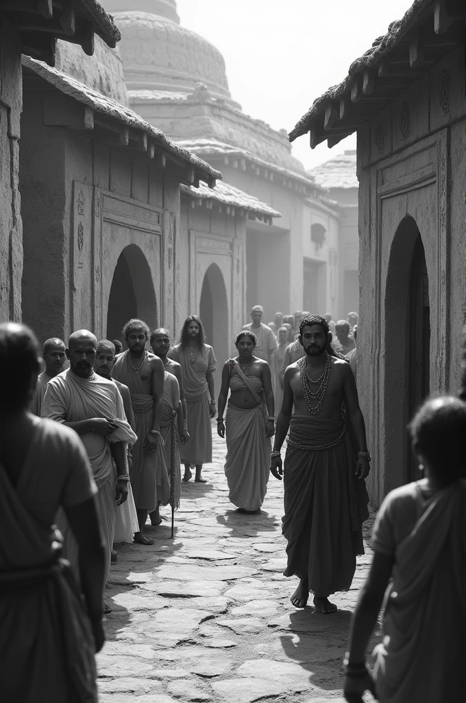 A black-and-white image of an ancient Indian village with distinct groups of people separated by social hierarchy.