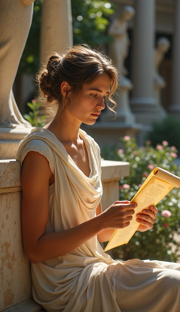 A young Roman woman with a thoughtful expression, sitting in a Roman garden surrounded by statues and flowers. He is reading a scroll, with the sunlight shining on it. He has an expression of concentration and calm, showing its connection with stoic philosophy. Around it, There are elements such as marble benches and columns, to provide an atmosphere of tranquility and study.