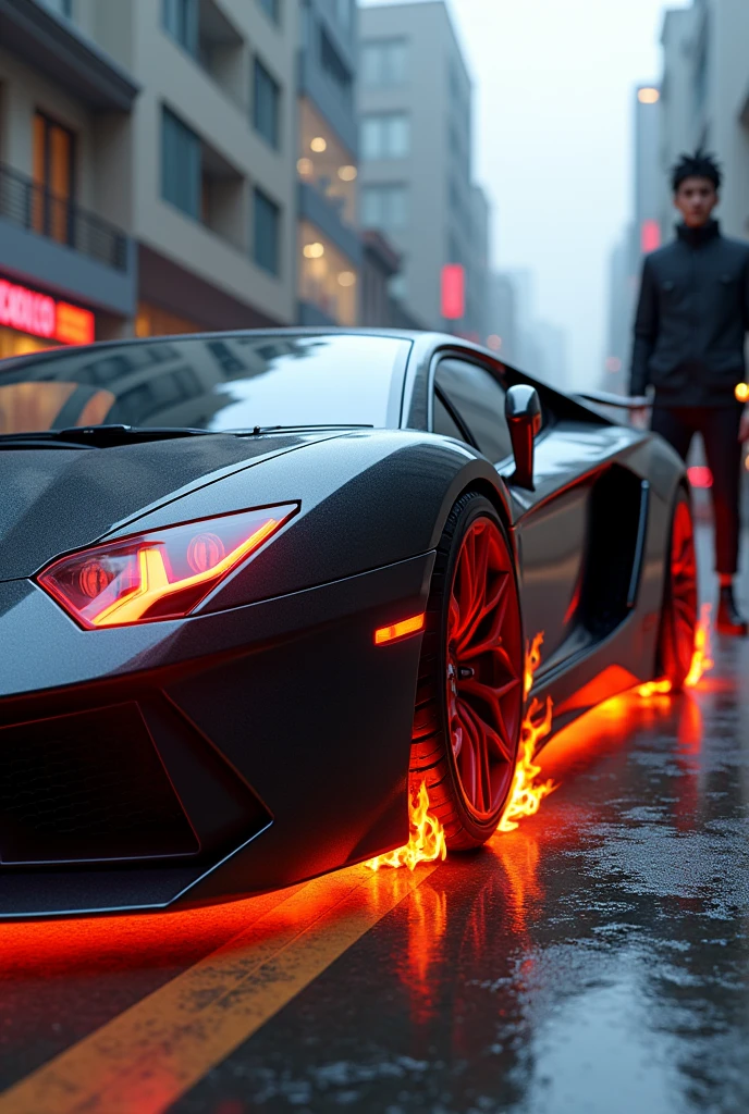 Lamborgini with flame tires also full picture and having red head light with colour black and in right side gojo were standing with kakashi with coat and pant