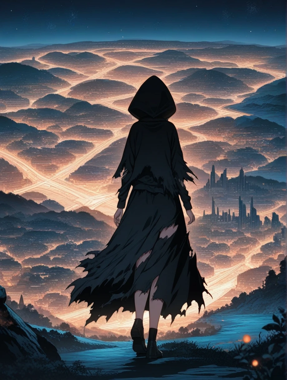score_9, score_8_Excellent, score_7_Excellent, score_anime, masterpiece, Highest quality, Delicate illustrations, Sharp lines, Sharp focus, break, a traveling girl wandering in the endless night world, The girl is wearing a hood、There are a lot of things in the backpack, night , Wonderful landscape, Beautiful views, Harmony with Nature, Nice views, Space City, (((Torn clothes))), (((Torn hood))),long skirt,(((torn skirt)))