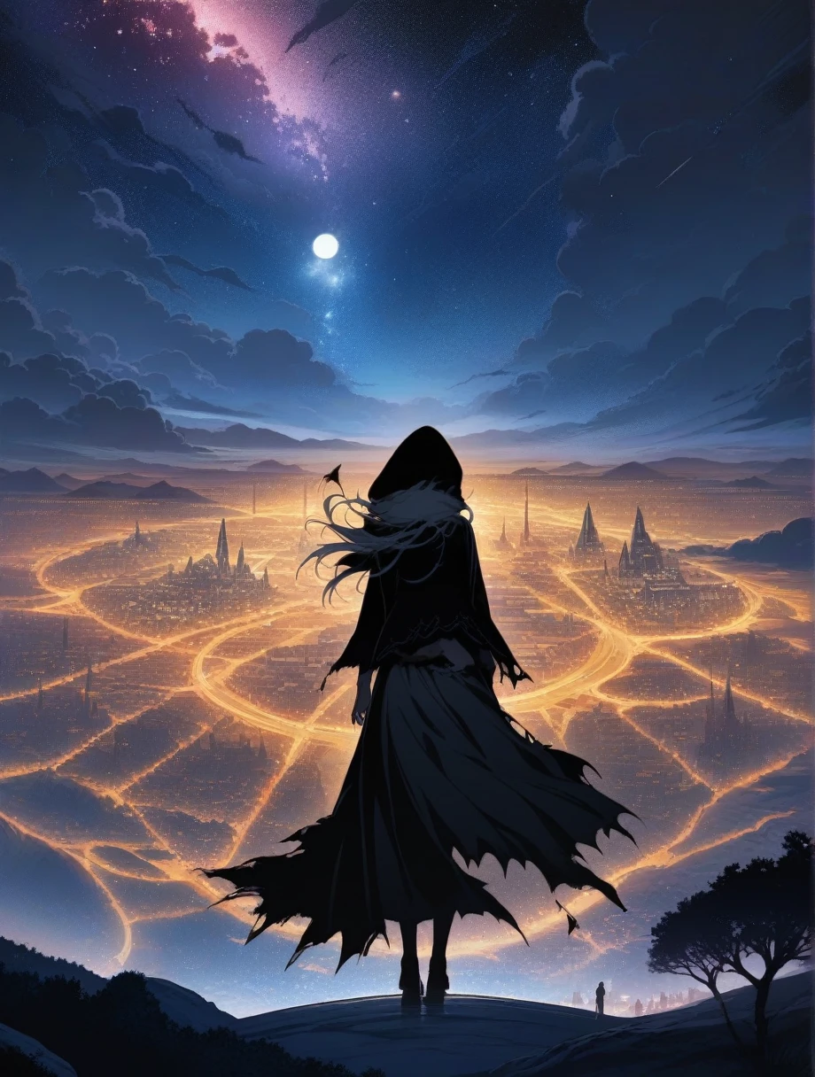 score_9, score_8_Excellent, score_7_Excellent, score_anime, masterpiece, Highest quality, Delicate illustrations, Sharp lines, Sharp focus, break, a traveling girl wandering in the endless night world, The girl is wearing a hood、There are a lot of things in the backpack, night , Wonderful landscape, Beautiful views, Harmony with Nature, Nice views, Space City, (((Torn clothes))), (((Torn hood))),long skirt,(((torn skirt)))