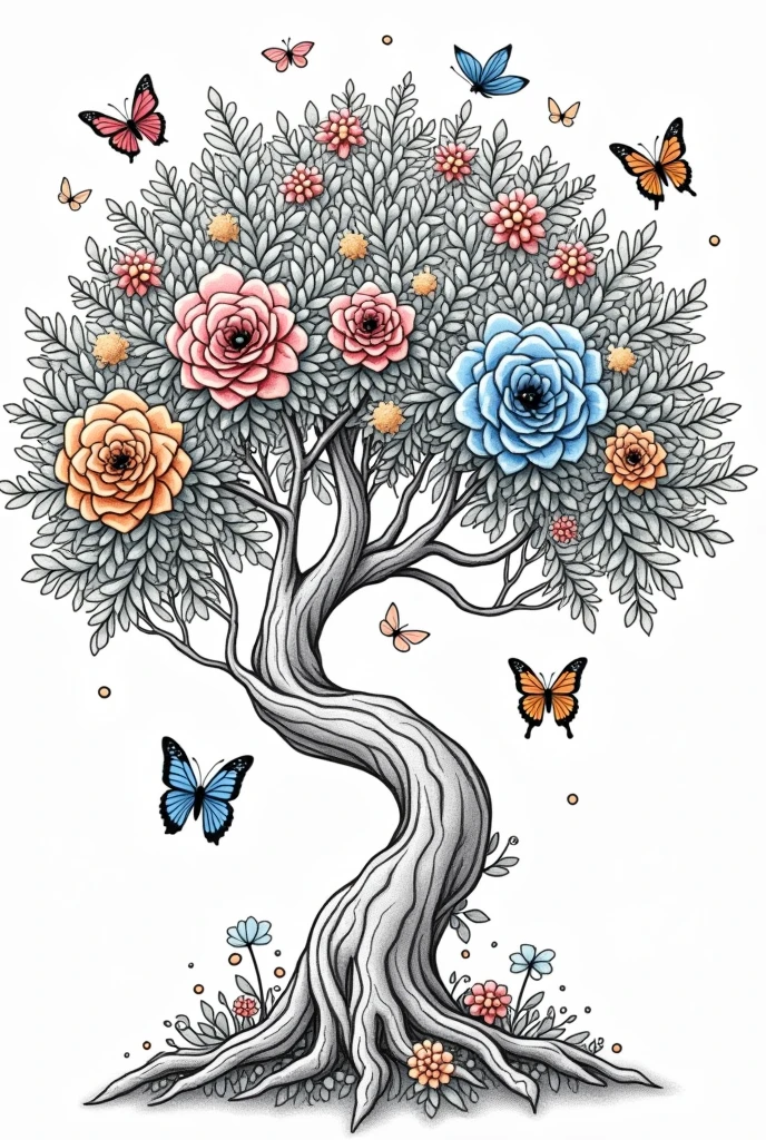 Create me a coloring picture of a magical tree with flowers and butterflies, for coloring with large white areas and strong black lines
