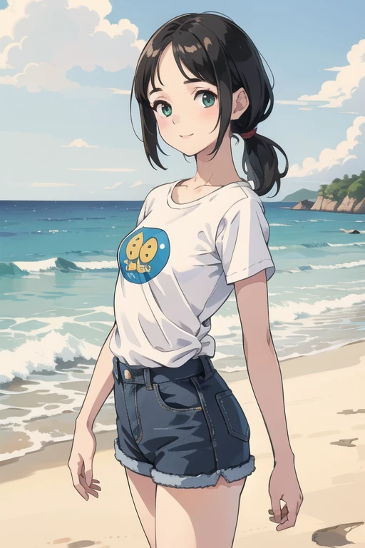 1girl, cute girl, solo, a junior student girl, (petite body, girlish fleshy body:1.3), large breast, dynamic pose, (tareme, short eyes:1.5), (oval face, droopy eyes:1.4), grey-green eyes, eye highlights, blush, smile BREAK forehead, flat hair, straight hair, no bangs, center parted forehead, side swept to backward, low ponytail, medium hair, black-hair, White T-shirt, denim hot pants BREAK Masterpiece, best quality, 4K, HDR, realistic lighting, soft lines, from front, cowboy shot, beachside background, perfect anatomy, perfect body, perfect hand, perfect face,