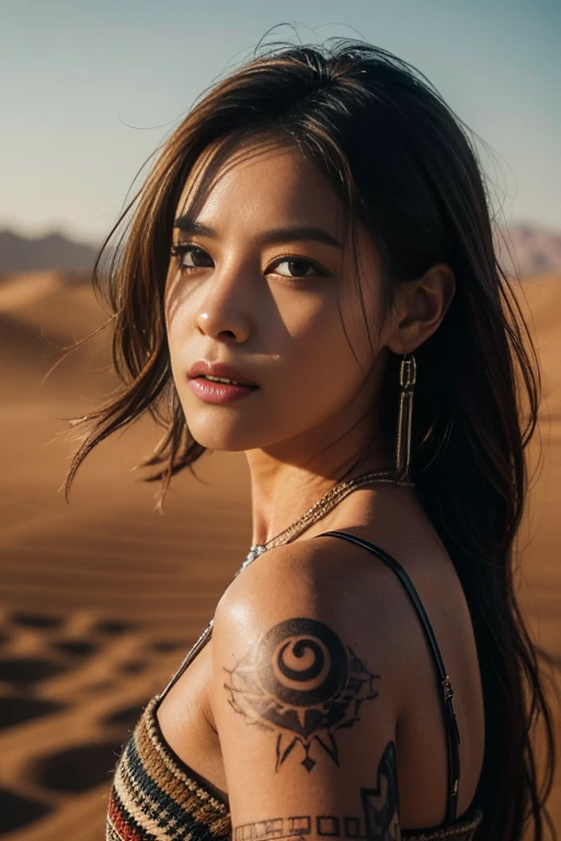 -(best quality,4K,height,Masterpiece:1.2),Very detailed,(realistic,photorealistic,photo-realistic:1.37),Portrait,desert, Rifle, Fine texture, tattoo, incredible light, bright colors, dune, intense stare, Long, flowing hair, Old wood stock, Intricate engraving, Shell casing, dynamic gesture, Strong facial features, Eye piercing, desert sunset, Rugged terrain, Smoke trail, Powerful gestures, intense shadow, Dust particles, complicated jewelry, Tribal patterns”