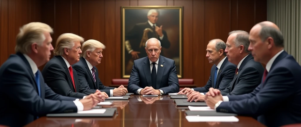 realistic photo, 8 world leaders, presidents of United States, Japan, Germany, Canada, France, Italy, United Kingdom, Russia, formal attire, business meeting, conference table, serious expressions, professional lighting, photorealistic, highly detailed, cinematic composition, government officials, world politics, diplomacy, (best quality,4k,8k,highres,masterpiece:1.2),ultra-detailed,(realistic,photorealistic,photo-realistic:1.37),HDR,studio lighting,extreme detail description,professional,vivid colors
