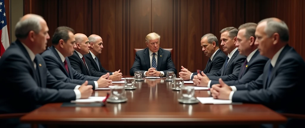 realistic photo, 8 world leaders, presidents of United States, Japan, Germany, Canada, France, Italy, United Kingdom, Russia, formal attire, business meeting, conference table, serious expressions, professional lighting, photorealistic, highly detailed, cinematic composition, government officials, world politics, diplomacy, (best quality,4k,8k,highres,masterpiece:1.2),ultra-detailed,(realistic,photorealistic,photo-realistic:1.37),HDR,studio lighting,extreme detail description,professional,vivid colors