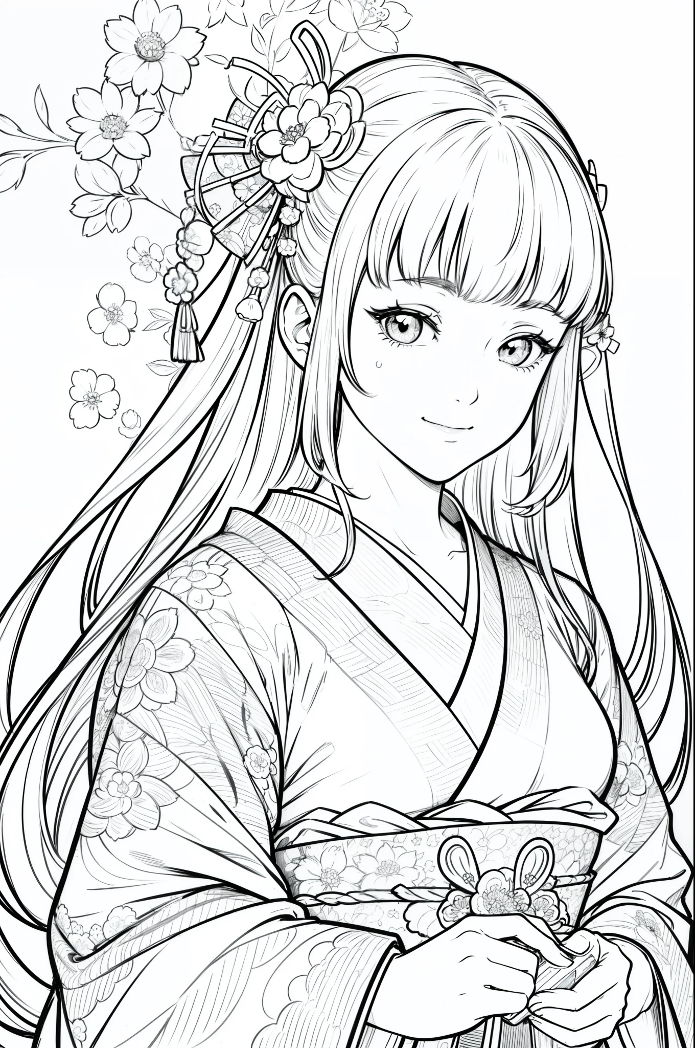 Masterpiece, top class, unique, cute, flowers, line drawing background, white background, monochrome, line drawing, ((sketch)), creepy, white eyes, create a monochrome coloring book that even adults can easily do, a realistic and cute ukiyo-e of a smiling girl wearing a kimono with Mount Tsukuba in the background, hold it in your hand with your smartphone and convey Japanese culture.