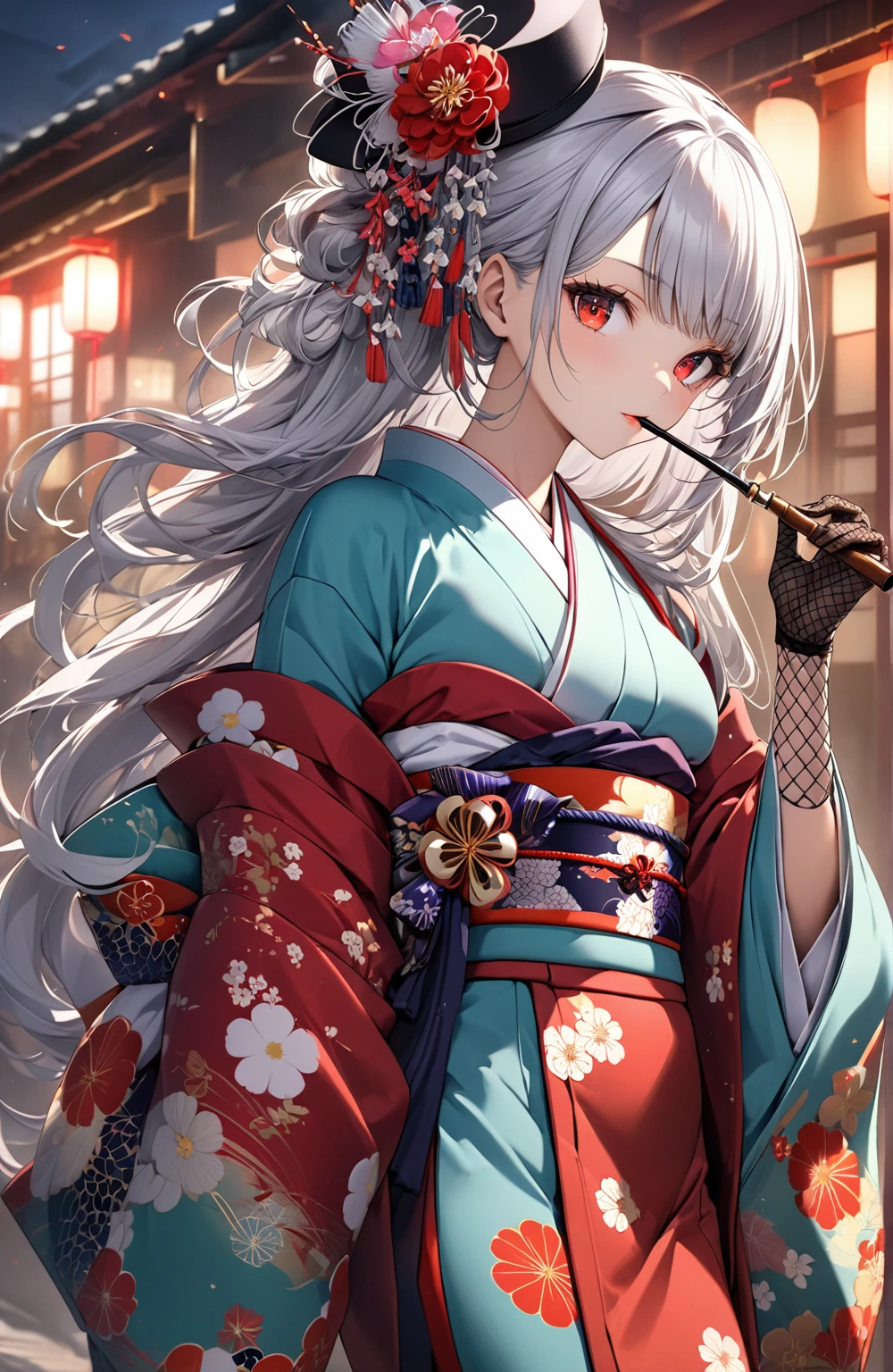 Ultra high resolution, rich colors, perfect image, top quality, detailed image, beautiful woman, glowing skin, skin and clothing texture, delicate eyes, Showa era town, Japanese clothes, kimono, furisode, haori, cocktail hat, fishnet gloves, smoking pipe, long silver hair, red eyes