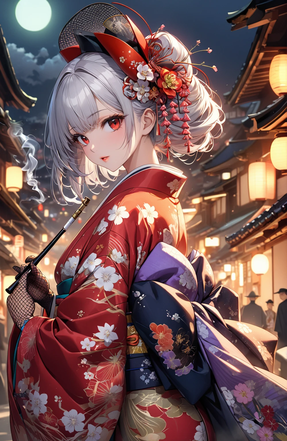 Ultra high resolution, rich colors, perfect image, top quality, detailed image, beautiful woman, glowing skin, skin and clothing texture, delicate eyes, Showa era town, Japanese clothes, kimono, furisode, haori, cocktail hat, fishnet gloves, smoking pipe, long silver hair, red eyes