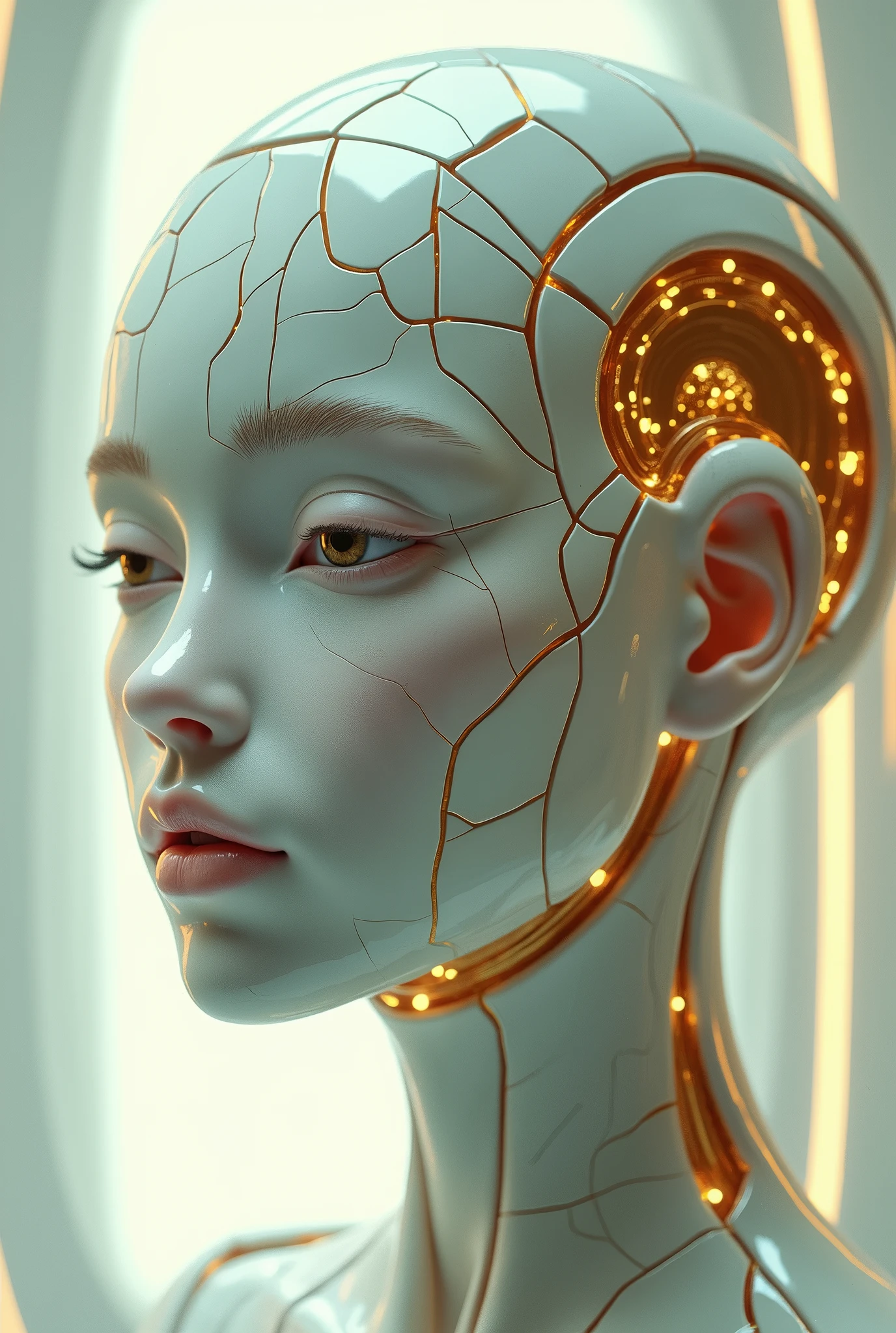 Automata, The face is made of ceramic, cracks were jointed with gold, abstract light background,