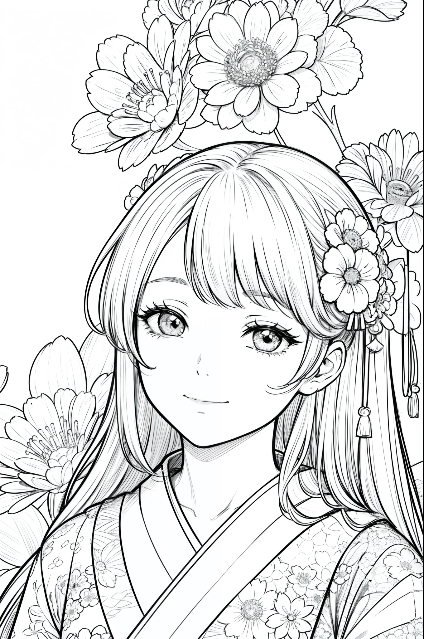 Masterpiece, top class, unique, cute, flowers, line drawing background, white background, monochrome, line drawing, ((sketch)), creepy, white eyes, create a monochrome coloring book that even adults can easily do, a realistic and cute ukiyo-e of a smiling girl wearing a kimono with Mount Tsukuba in the background, hold it in your hand with your smartphone and convey Japanese culture.