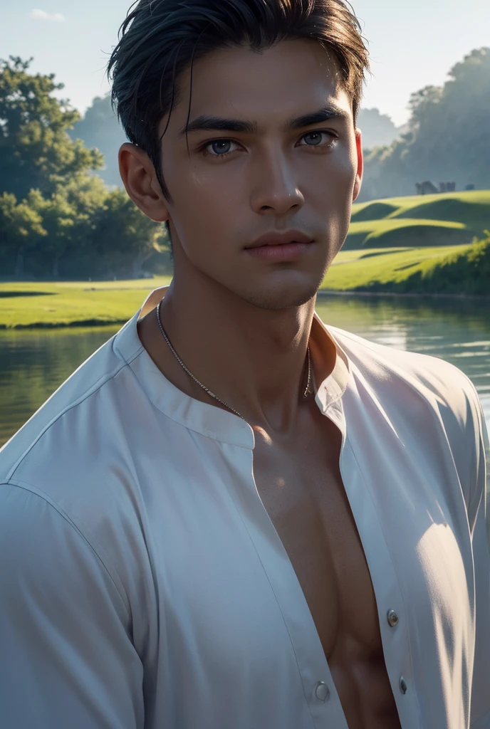 a tall handsome muscular man, solo, extremely detailed face and body, (shiny smooth skin), hot glow in his skin, perfect facial features, beautiful eyes, short hairstyle, sexy gaze, looking at the viewer romantically, explorer, (explorer's clothes, open shirt), ancient ruins, big lake, cloudy sky, lush nature, (best quality,4k,8k,highres,masterpiece:1.2),ultra-detailed,(realistic,photorealistic,photo-realistic:1.37),dramatic lighting,vibrant colors,cinematic composition